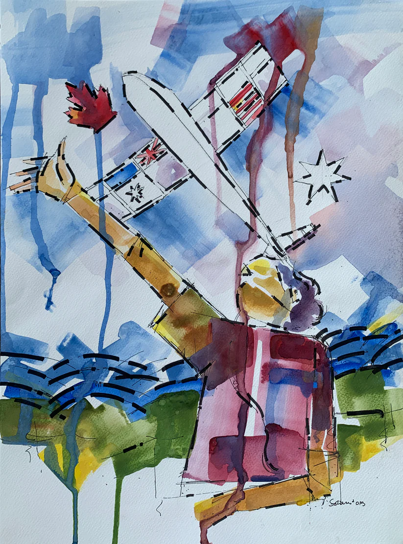 SOH-EX-007_Title_TheJoyofFlying-II_Medium_ink_watercoloronpaper_Size_16x11.5inch_Price_USD200_c3ad8c66-0810-40e2-b08d-c1b32414
